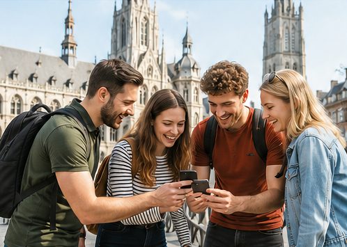 Vier spelers overleggen al spelend rond een smartphone op een stadsplein