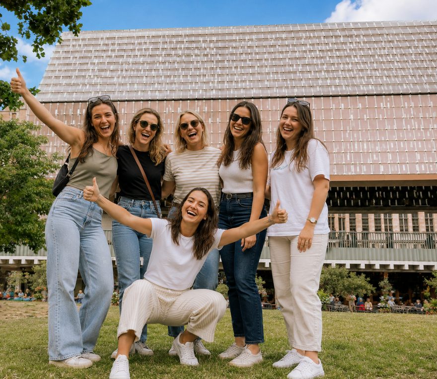 Zes spelers lachen samen op een grasveld voor een modern gebouw