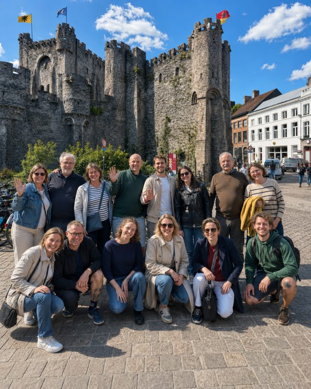Een grote groep spelers poseert voor het Gravensteen in Gent